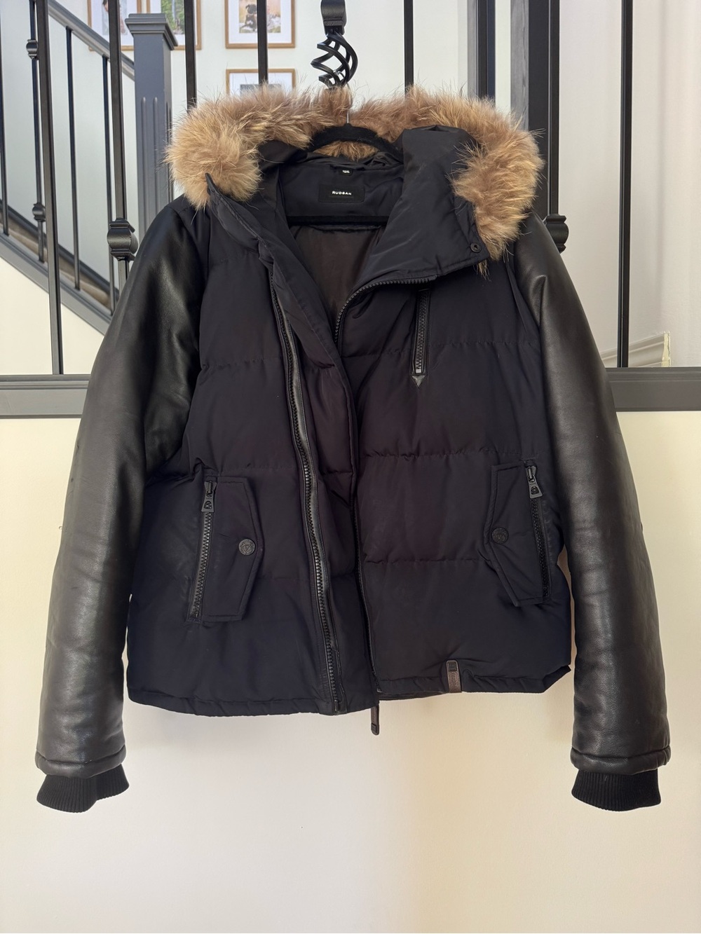 Men’s Rudsak bomber winter jacket navy with leather sleeves